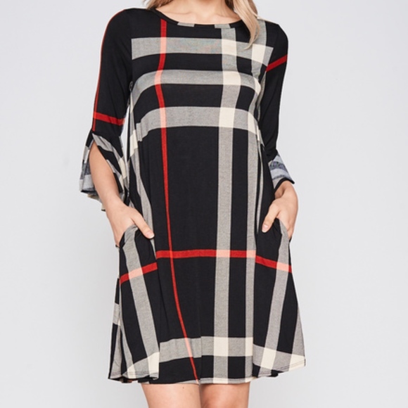 BLACK PLAID SPLIT SLEEVE SHIFT DRESS - Picture 4 of 4